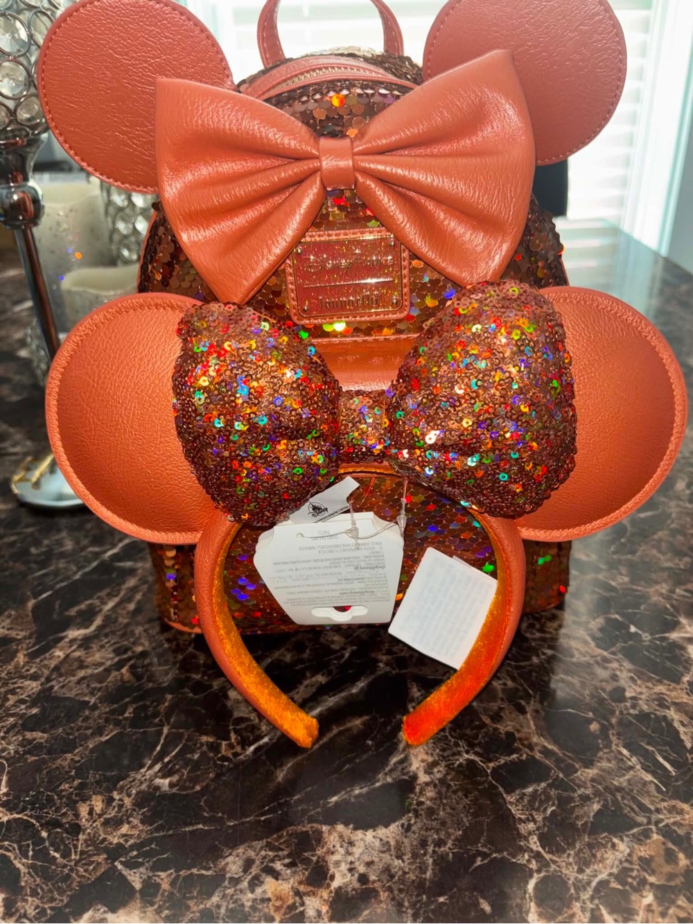 Disney Minnie Orange Sequin Loungefly Bag and Matching Ears